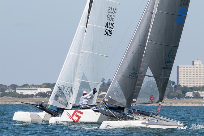 Brothers Daniel and Nathan Van Kerckhof (Bow 02 to leeward) were the winners overall by four points, so maintained that gap from the previous day. To windward is fourth place, James Clark and Max Puttman from WA. - Pinkster Gin 2017 F18 Australian Championship ©  Alex McKinnon Photography http://www.alexmckinnonphotography.com